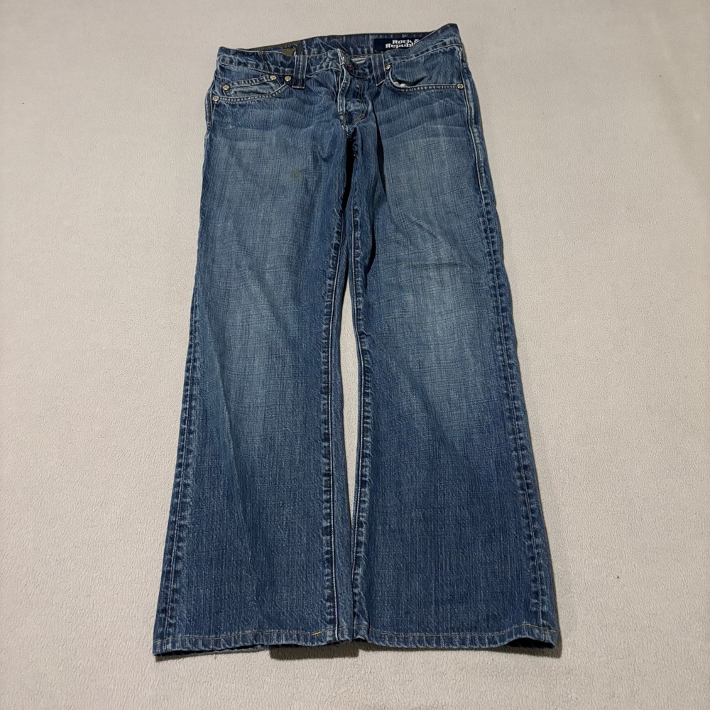 Rock & Republic Mens Bootcut Jeans Size 32 Blue Embroidered Button Fly Flare